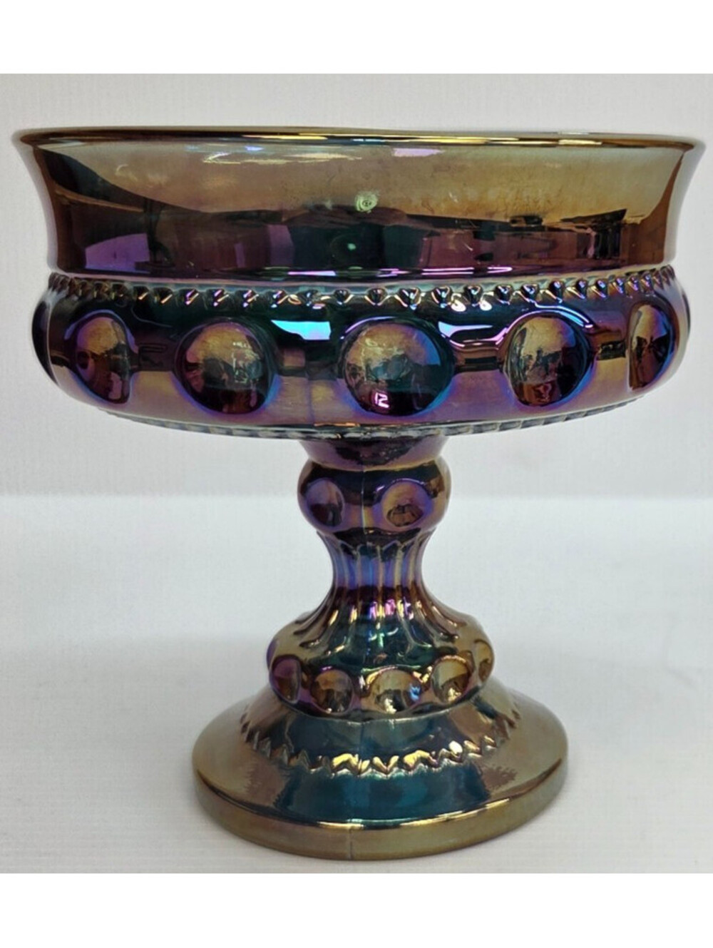 MCM Vintage Carnival Glass Pedestal Compote Bowl Iridescent Blue Purple 5in